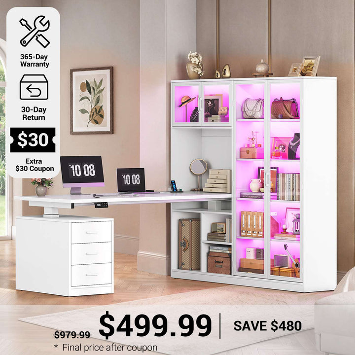 SEDETA 63 Inch L Shaped Electric Standing Gaming Desk with Glass Display Cabinet LED Lights and Storage Drawers Height Adjustable Desk with Storage Shelves Power Outlet for Home Office