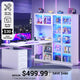 SEDETA 63 Inch L Shaped Electric Standing Gaming Desk with Glass Display Cabinet LED Lights and Storage Drawers Height Adjustable Desk with Storage Shelves Power Outlet for Home Office