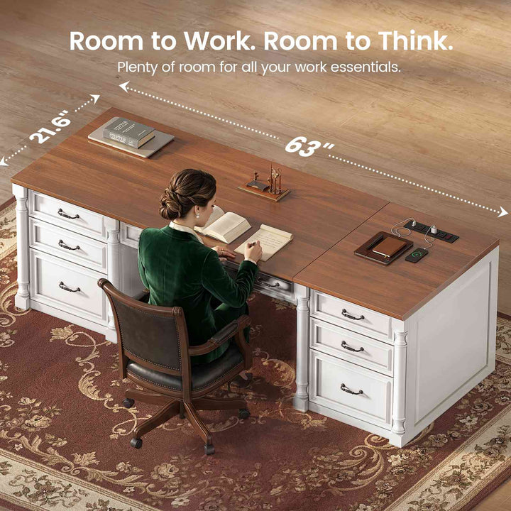 SEDETA® 63 Inch Executive Desk with 7 Storage Drawers Charging Station Wood Computer Desk with 2 File Drawers Writing Desk Study Table