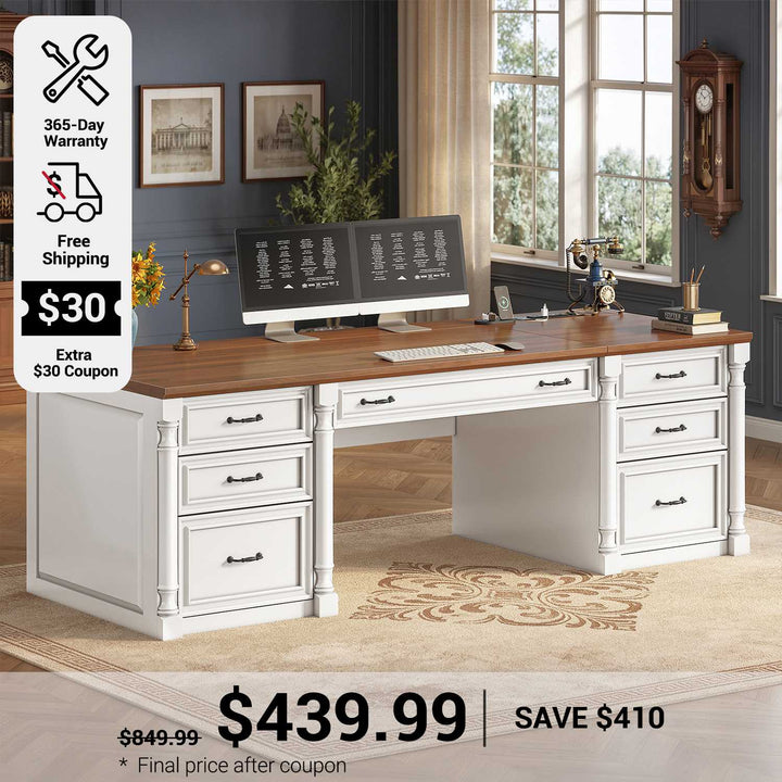 SEDETA 63 Inch Office Executive Desk with 7 Storage Drawers Charging Station Wood Computer Desk with 2 File Drawers Writing Desk Study Table