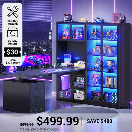 SEDETA 63 Inch L Shaped Electric Standing Gaming Desk with Glass Display Cabinet LED Lights and Storage Drawers Height Adjustable Desk with Storage Shelves Power Outlet for Home Office