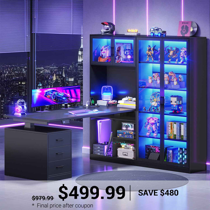 SEDETA 63 Inch L Shaped Electric Standing Gaming Desk with Glass Display Cabinet LED Lights and Storage Drawers Height Adjustable Desk with Storage Shelves Power Outlet for Home Office