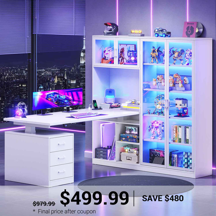 SEDETA 63 Inch L Shaped Electric Standing Gaming Desk with Glass Display Cabinet LED Lights and Storage Drawers Height Adjustable Desk with Storage Shelves Power Outlet for Home Office