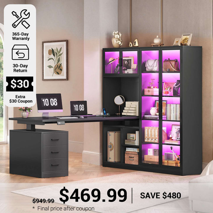 SEDETA® 63 Inch L Shaped Electric Height Adjustable Desk with Glass Display Cabinet LED Lights and Storage Drawers Standing Gaming Desk with Storage Shelves Power Outlet for Home Office
