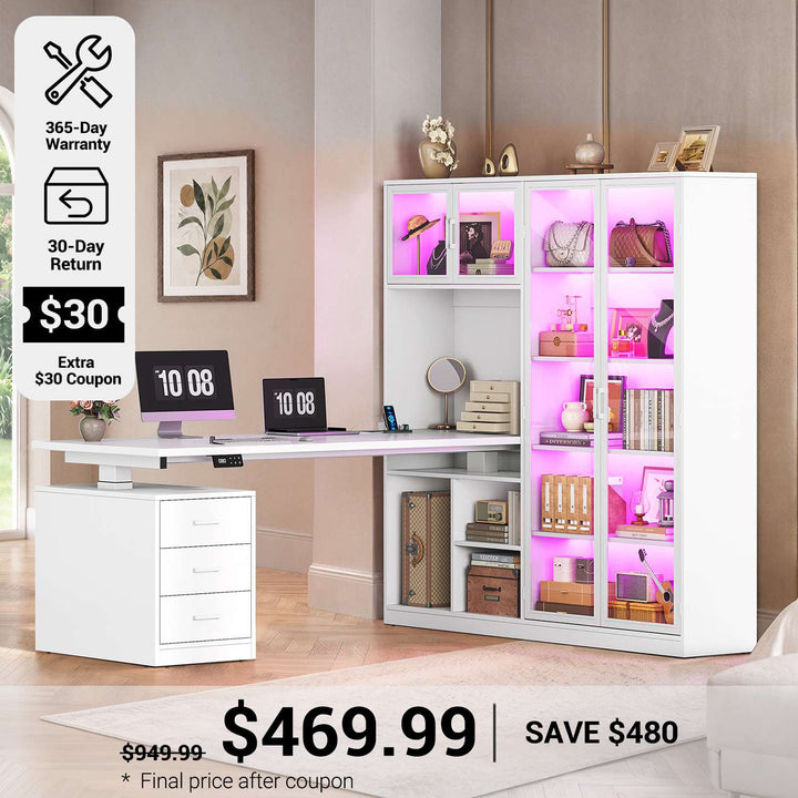 SEDETA® 63 Inch L Shaped Electric Height Adjustable Desk with Glass Display Cabinet LED Lights and Storage Drawers Standing Gaming Desk with Storage Shelves Power Outlet for Home Office