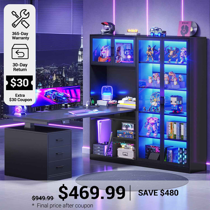 SEDETA® 63 Inch L Shaped Electric Height Adjustable Desk with Glass Display Cabinet LED Lights and Storage Drawers Standing Gaming Desk with Storage Shelves Power Outlet for Home Office