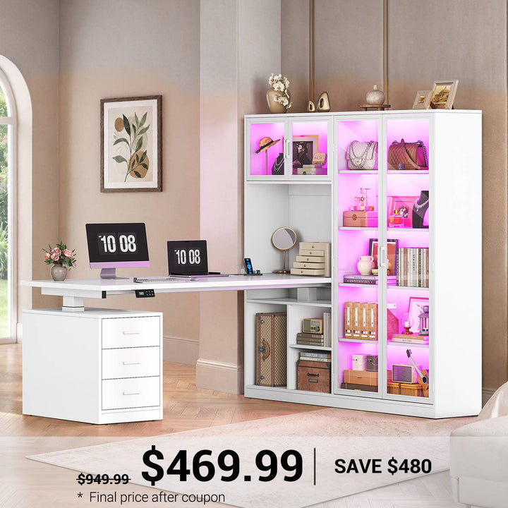 SEDETA® 63 Inch L Shaped Electric Height Adjustable Desk with Glass Display Cabinet LED Lights and Storage Drawers Standing Gaming Desk with Storage Shelves Power Outlet for Home Office