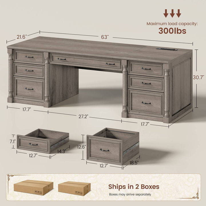 SEDETA® 63 Inch Executive Desk with 7 Storage Drawers Charging Station Wood Computer Desk with 2 File Drawers Writing Desk Study Table