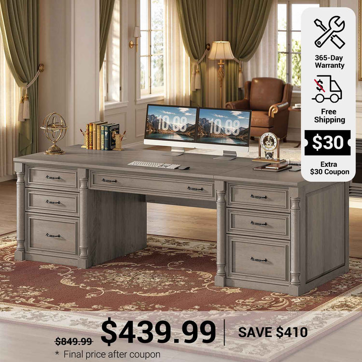SEDETA 63 Inch Office Executive Desk with 7 Storage Drawers Charging Station Wood Computer Desk with 2 File Drawers Writing Desk Study Table