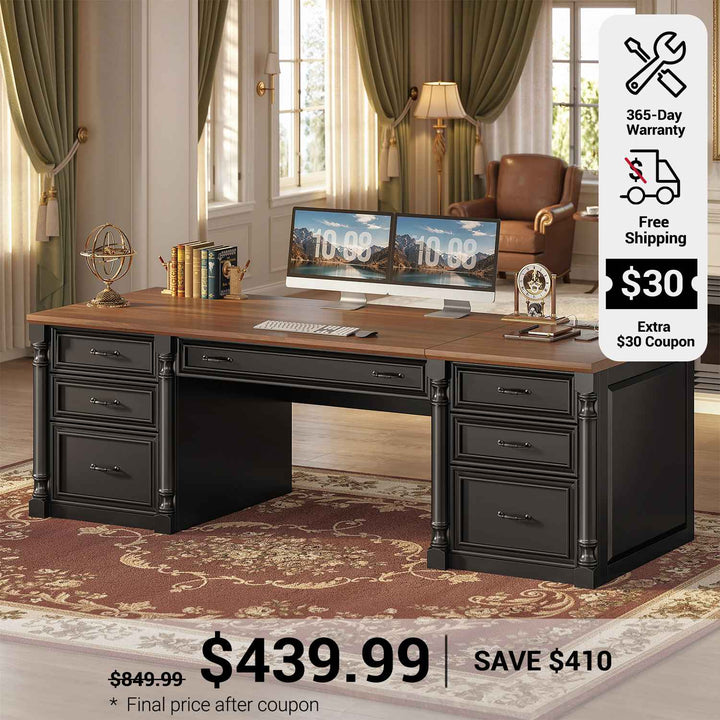 SEDETA 63 Inch Office Executive Desk with 7 Storage Drawers Charging Station Wood Computer Desk with 2 File Drawers Writing Desk Study Table