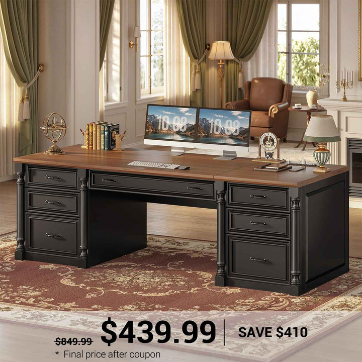 SEDETA 63 Inch Office Executive Desk with 7 Storage Drawers Charging Station Wood Computer Desk with 2 File Drawers Writing Desk Study Table