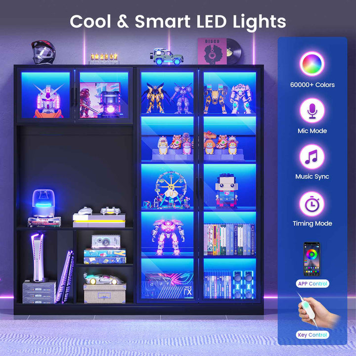 SEDETA 63 Inch L Shaped Electric Standing Gaming Desk with Glass Display Cabinet LED Lights and Storage Drawers Height Adjustable Desk with Storage Shelves Power Outlet for Home Office