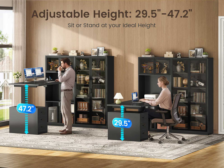 SEDETA 63 Inch L Shaped Electric Standing Gaming Desk with Glass Display Cabinet LED Lights and Storage Drawers Height Adjustable Desk with Storage Shelves Power Outlet for Home Office