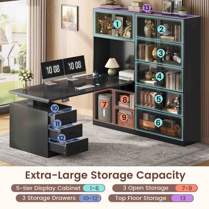 SEDETA 63 Inch L Shaped Electric Standing Gaming Desk with Glass Display Cabinet LED Lights and Storage Drawers Height Adjustable Desk with Storage Shelves Power Outlet for Home Office
