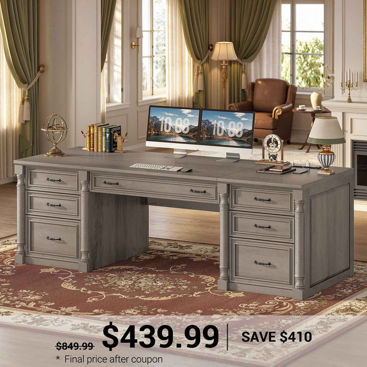 SEDETA 63 Inch Office Executive Desk with 7 Storage Drawers Charging Station Wood Computer Desk with 2 File Drawers Writing Desk Study Table