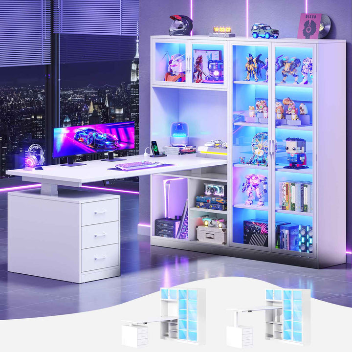 SEDETA 63 Inch L Shaped Electric Standing Gaming Desk with Glass Display Cabinet LED Lights and Storage Drawers Height Adjustable Desk with Storage Shelves Power Outlet for Home Office