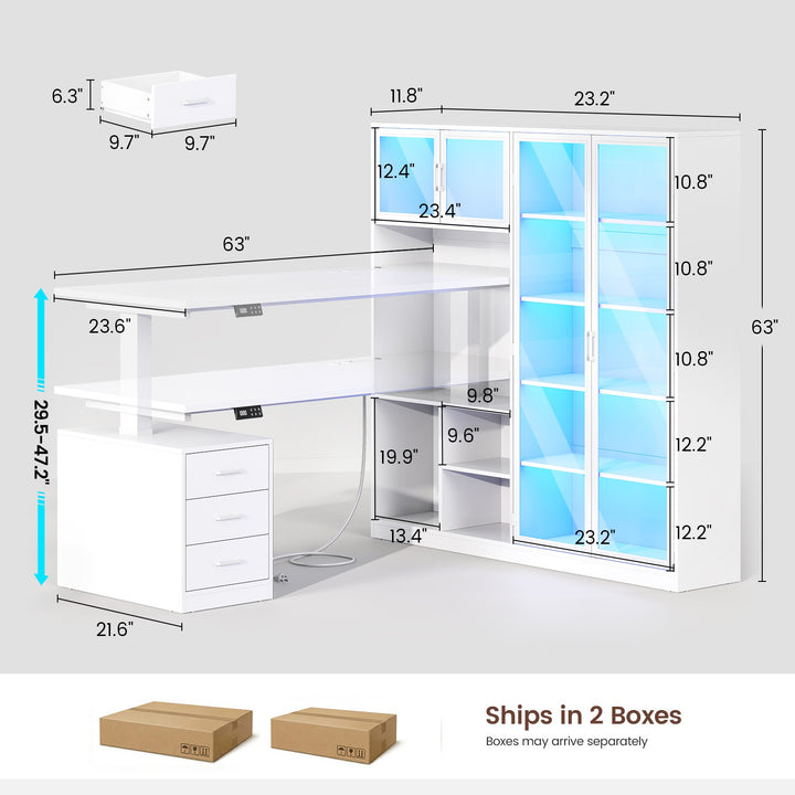 SEDETA 63 Inch L Shaped Electric Standing Gaming Desk with Glass Display Cabinet LED Lights and Storage Drawers Height Adjustable Desk with Storage Shelves Power Outlet for Home Office