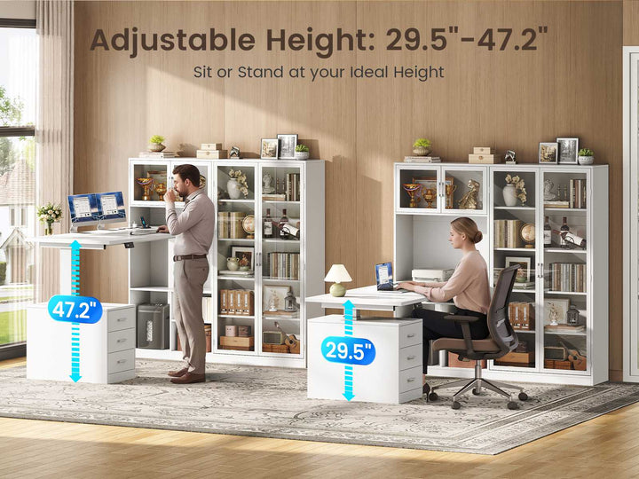 SEDETA 63 Inch L Shaped Electric Standing Gaming Desk with Glass Display Cabinet LED Lights and Storage Drawers Height Adjustable Desk with Storage Shelves Power Outlet for Home Office