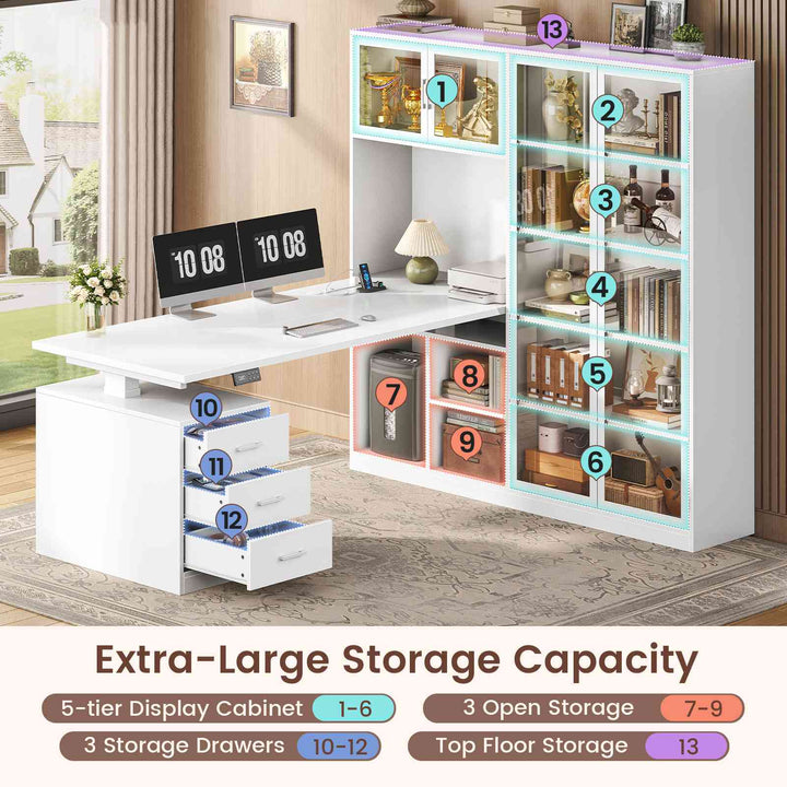 SEDETA 63 Inch L Shaped Electric Standing Gaming Desk with Glass Display Cabinet LED Lights and Storage Drawers Height Adjustable Desk with Storage Shelves Power Outlet for Home Office