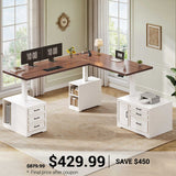 SEDETA | 76.8 Inch Farmhouse Height Adjustable Desk with 6 Drawers Electric Sit Stand Desk with Power Outlet L Shaped Standing Desk with File Cabinet
