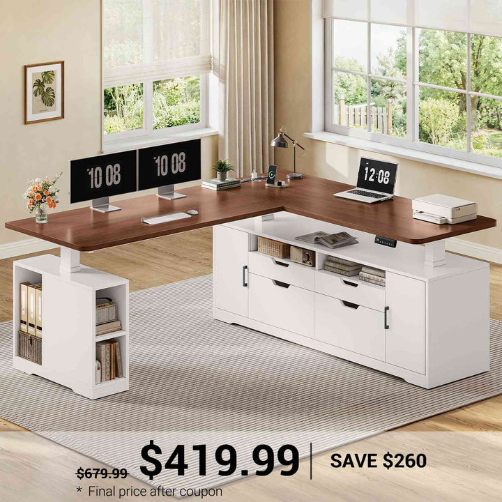 SEDETA 69 Inch L Shaped Sit Stand Computer Desk with Power Outlet Electric Standing Desk Height Adjustable Office Executive Desk with 4 Drawers and Storage Shelves
