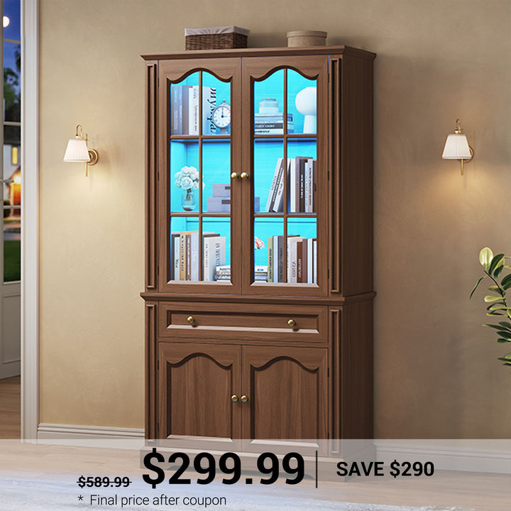 SEDETA 70 Inch Tall Farmhouse Bookshelves and Bookcases with Glass Doors Drawer Bookshelf Floor Standing 6 Shelf Display Storage Shelves Bookshelf for Home Office Living Room