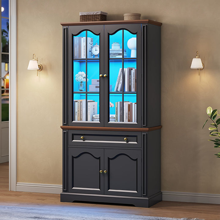 SEDETA® 70 Inch Tall Farmhouse Bookshelf for Home Office with Glass Doors Drawer Bookshelf Floor Standing 6 Shelf Display Storage Shelves Bookcases for Living Room