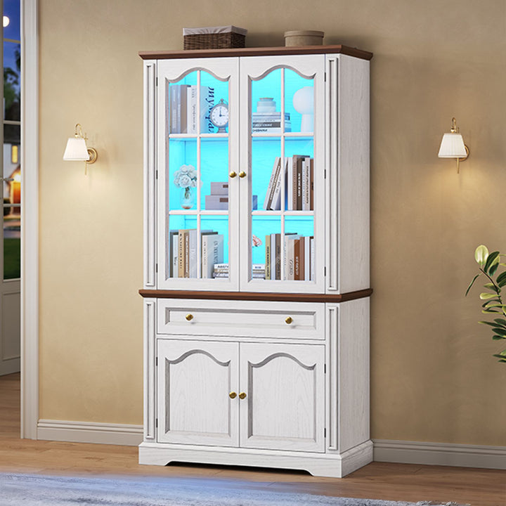 SEDETA® 70 Inch Tall Farmhouse Bookshelf for Home Office with Glass Doors Drawer Bookshelf Floor Standing 6 Shelf Display Storage Shelves Bookcases for Living Room