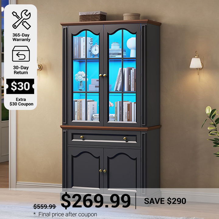 SEDETA® 70 Inch Tall Farmhouse Bookshelf for Home Office with Glass Doors Drawer Bookshelf Floor Standing 6 Shelf Display Storage Shelves Bookcases for Living Room
