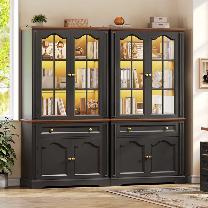 SEDETA® 70 Inch Tall Farmhouse Bookshelf for Home Office with Glass Doors Drawer Bookshelf Floor Standing 6 Shelf Display Storage Shelves Bookcases for Living Room