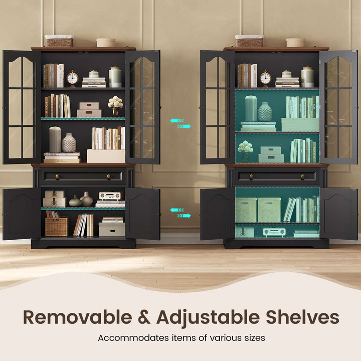 SEDETA® 70 Inch Tall Farmhouse Bookshelf for Home Office with Glass Doors Drawer Bookshelf Floor Standing 6 Shelf Display Storage Shelves Bookcases for Living Room