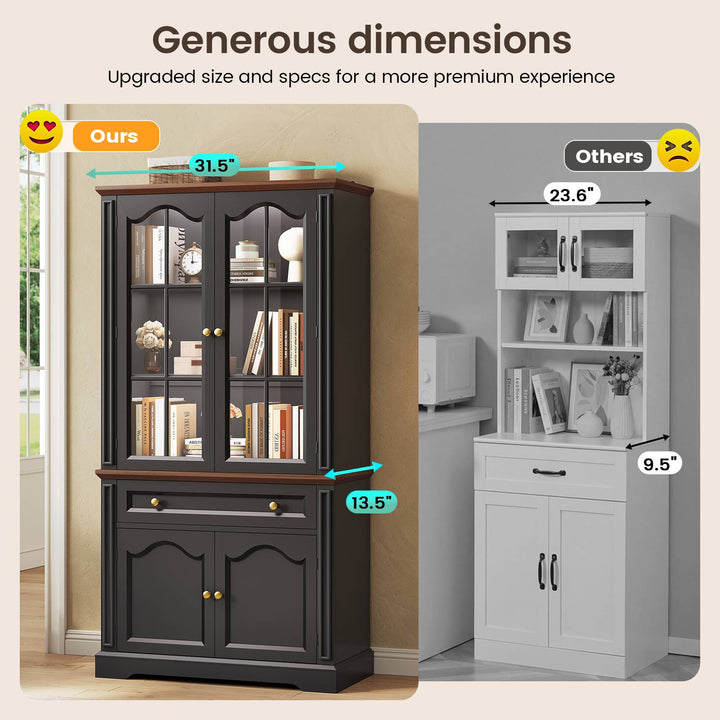 SEDETA® 70 Inch Tall Farmhouse Bookshelf for Home Office with Glass Doors Drawer Bookshelf Floor Standing 6 Shelf Display Storage Shelves Bookcases for Living Room