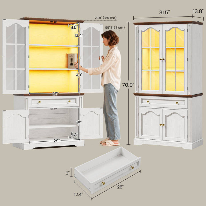 SEDETA® 70 Inch Tall Farmhouse Bookshelf for Home Office with Glass Doors Drawer Bookshelf Floor Standing 6 Shelf Display Storage Shelves Bookcases for Living Room