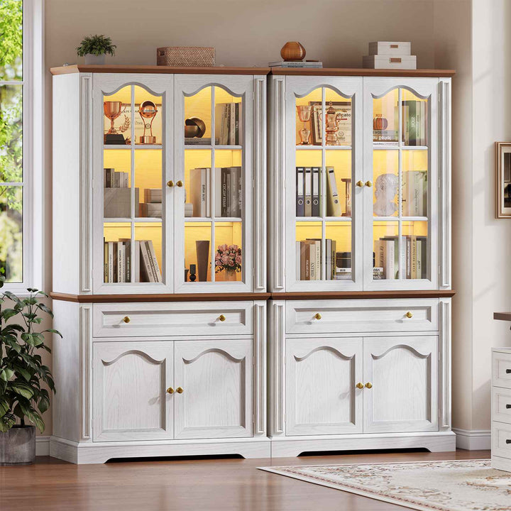 SEDETA® 70 Inch Tall Farmhouse Bookshelf for Home Office with Glass Doors Drawer Bookshelf Floor Standing 6 Shelf Display Storage Shelves Bookcases for Living Room