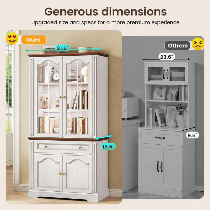 SEDETA® 70 Inch Tall Farmhouse Bookshelf for Home Office with Glass Doors Drawer Bookshelf Floor Standing 6 Shelf Display Storage Shelves Bookcases for Living Room