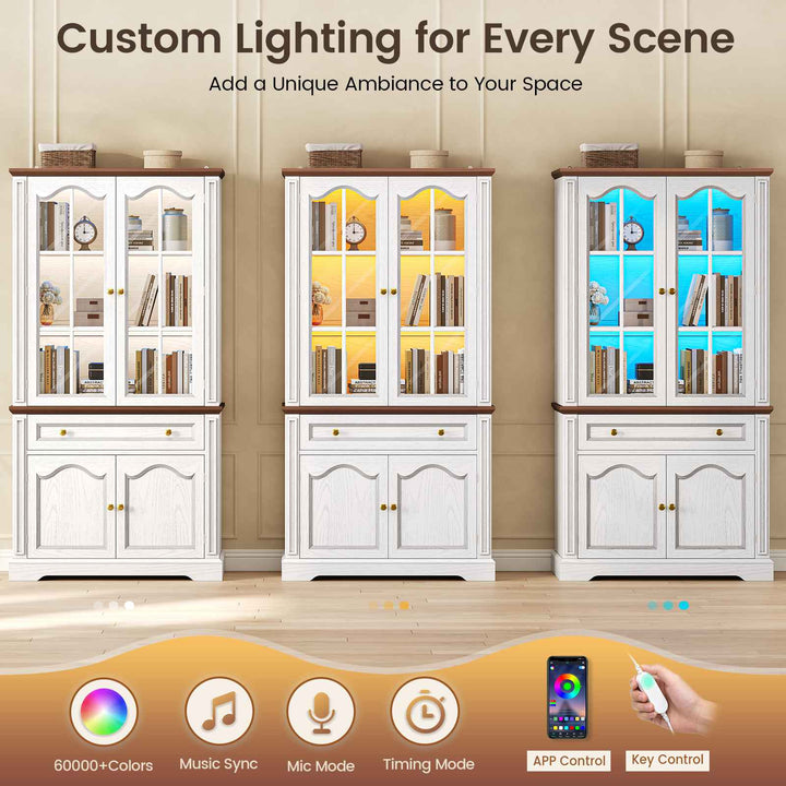 SEDETA® 70 Inch Tall Farmhouse Bookshelf for Home Office with Glass Doors Drawer Bookshelf Floor Standing 6 Shelf Display Storage Shelves Bookcases for Living Room