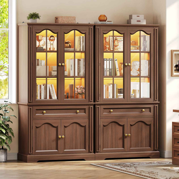 SEDETA® 70 Inch Tall Farmhouse Bookshelf for Home Office with Glass Doors Drawer Bookshelf Floor Standing 6 Shelf Display Storage Shelves Bookcases for Living Room