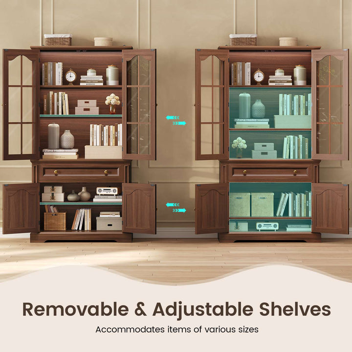 SEDETA® 70 Inch Tall Farmhouse Bookshelf for Home Office with Glass Doors Drawer Bookshelf Floor Standing 6 Shelf Display Storage Shelves Bookcases for Living Room