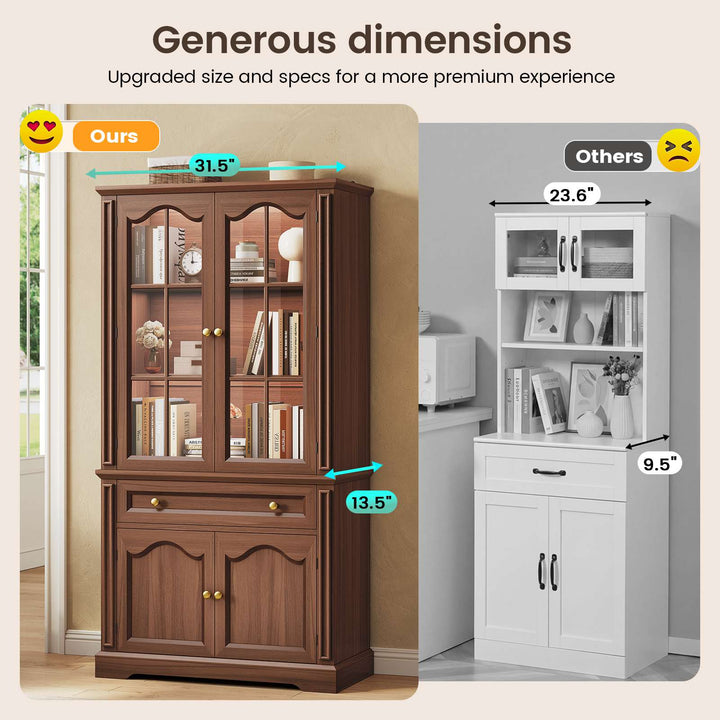 SEDETA® 70 Inch Tall Farmhouse Bookshelf for Home Office with Glass Doors Drawer Bookshelf Floor Standing 6 Shelf Display Storage Shelves Bookcases for Living Room