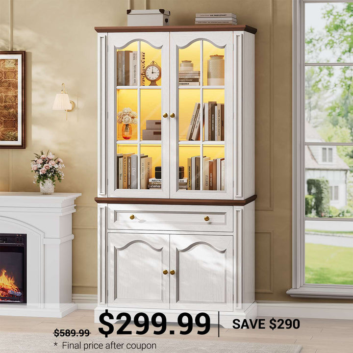 SEDETA 70 Inch Tall Farmhouse Bookshelves and Bookcases with Glass Doors Drawer Bookshelf Floor Standing 6 Shelf Display Storage Shelves Bookshelf for Home Office Living Room