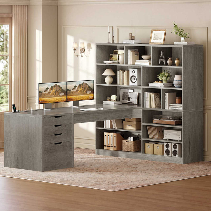 SEDETA® 68.9 Inch L Shaped Executive Desk with Bookshelf 4 Drawers  Computer Desk with File Cabinet Storage Shelves Corner Desk with Power Outlet for Home Office