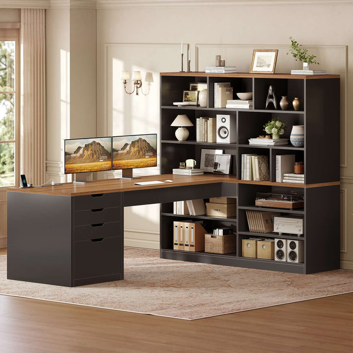 SEDETA® 68.9 Inch L Shaped Executive Desk with Bookshelf 4 Drawers  Computer Desk with File Cabinet Storage Shelves Corner Desk with Power Outlet for Home Office