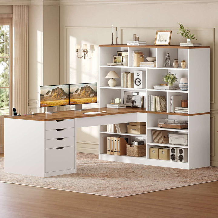 SEDETA® 68.9 Inch L Shaped Executive Desk with Bookshelf 4 Drawers  Computer Desk with File Cabinet Storage Shelves Corner Desk with Power Outlet for Home Office