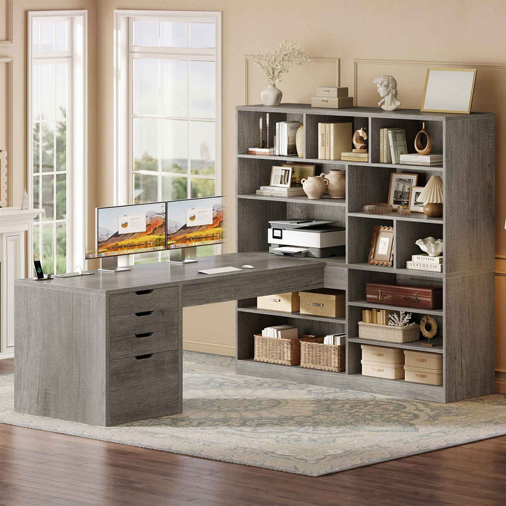 SEDETA® 68.9 Inch L Shaped Executive Desk with Bookshelf 4 Drawers  Computer Desk with File Cabinet Storage Shelves Corner Desk with Power Outlet for Home Office