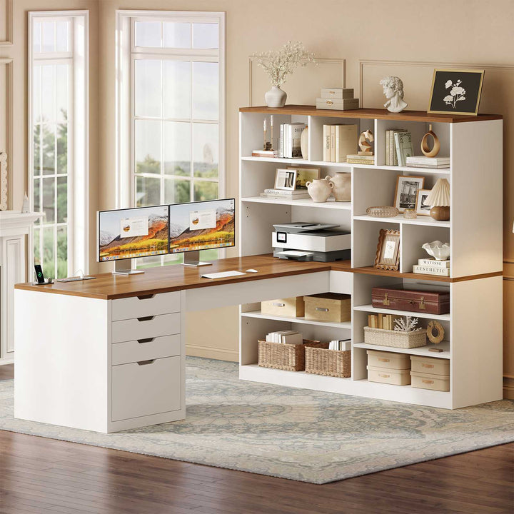 SEDETA® 68.9 Inch L Shaped Executive Desk with Bookshelf 4 Drawers  Computer Desk with File Cabinet Storage Shelves Corner Desk with Power Outlet for Home Office