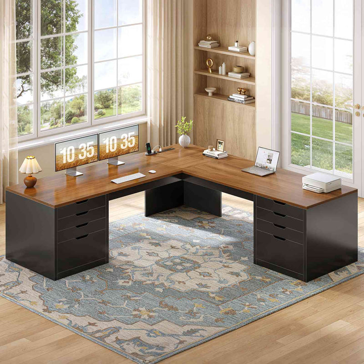 SEDETA® 67 Inch L-Shaped Executive Desk with 8 Drawers Power Outlet Corner Home Office Desk with File Drawers 4 AC Outlets USB Type-C Charging Computer Desk with Storage