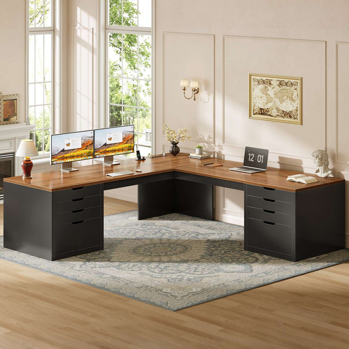 SEDETA® 67 Inch L-Shaped Executive Desk with 8 Drawers Power Outlet Corner Home Office Desk with File Drawers 4 AC Outlets USB Type-C Charging Computer Desk with Storage