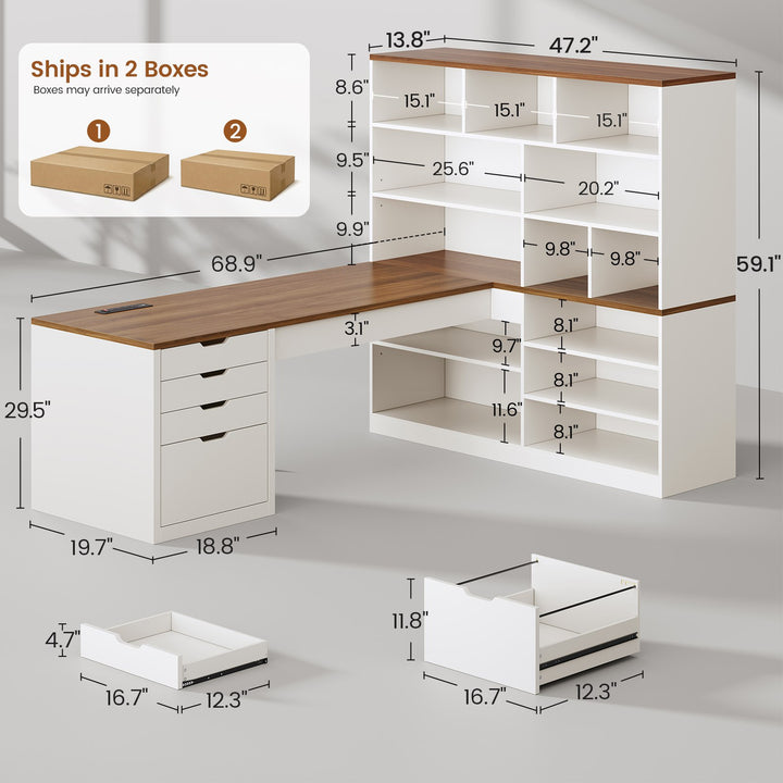 SEDETA® 68.9 Inch L Shaped Executive Desk with Bookshelf 4 Drawers  Computer Desk with File Cabinet Storage Shelves Corner Desk with Power Outlet for Home Office