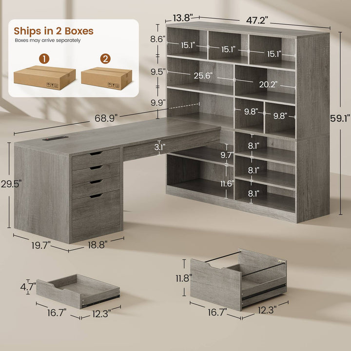 SEDETA® 68.9 Inch L Shaped Executive Desk with Bookshelf 4 Drawers  Computer Desk with File Cabinet Storage Shelves Corner Desk with Power Outlet for Home Office