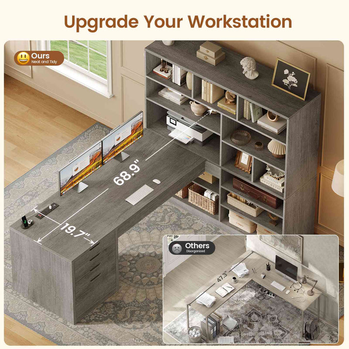 SEDETA® 68.9 Inch L Shaped Executive Desk with Bookshelf 4 Drawers  Computer Desk with File Cabinet Storage Shelves Corner Desk with Power Outlet for Home Office